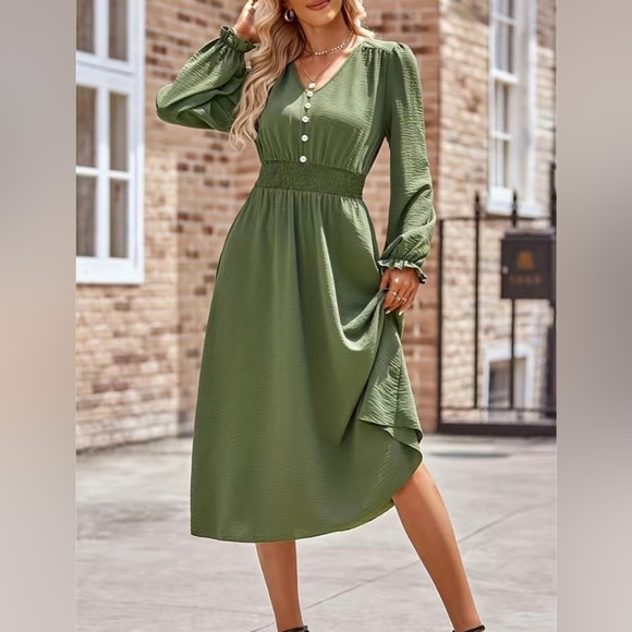 Dresses & Skirts - Army Green Smocked Waist V Neck Balloon Sleeve Midi Dress